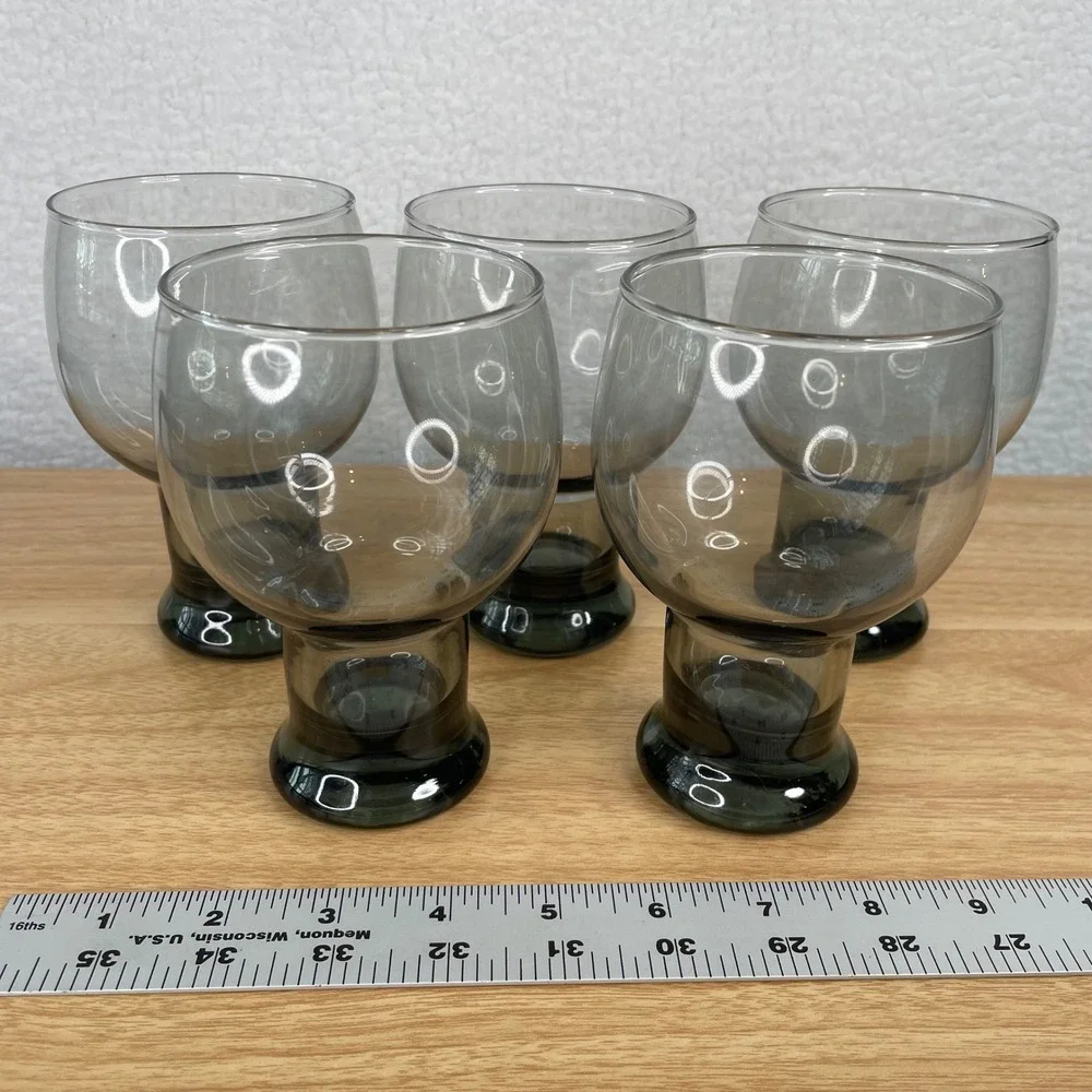 Vintage Libbey STAX Smoke Gray Glass Goblet MCM Pilsner Barware Glasses Set of 5